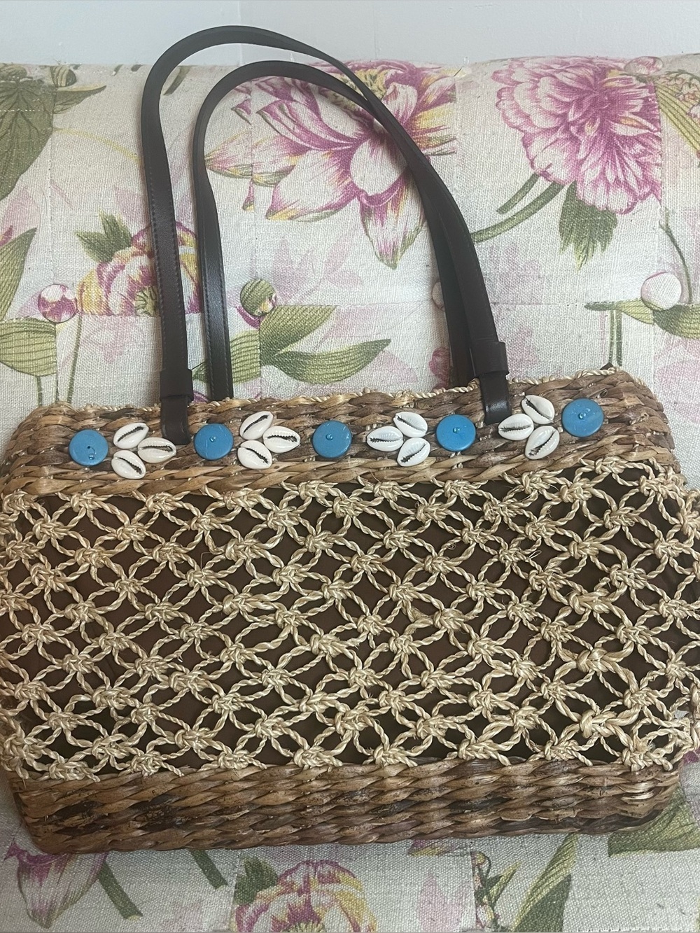 NINE WEST Straw Tote Bag Woven Raffia Cowrie Shell Boho Coastal Beach Y2K